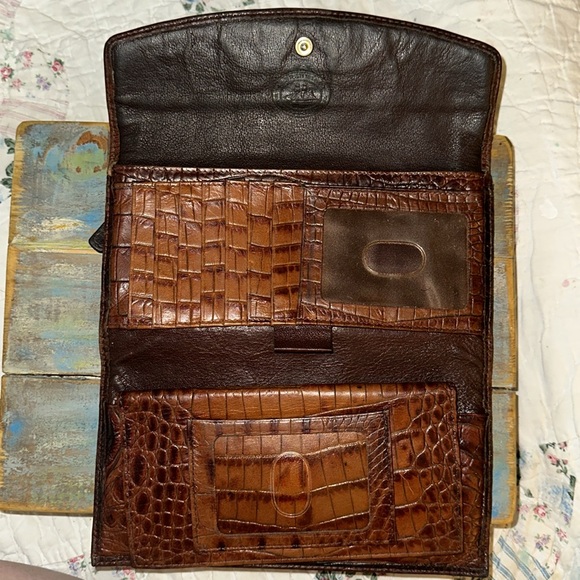 Brahmin Vintage Trifold Wallet Clutch Cognac Brown Croc Embossed Leather - Picture 6 of 11